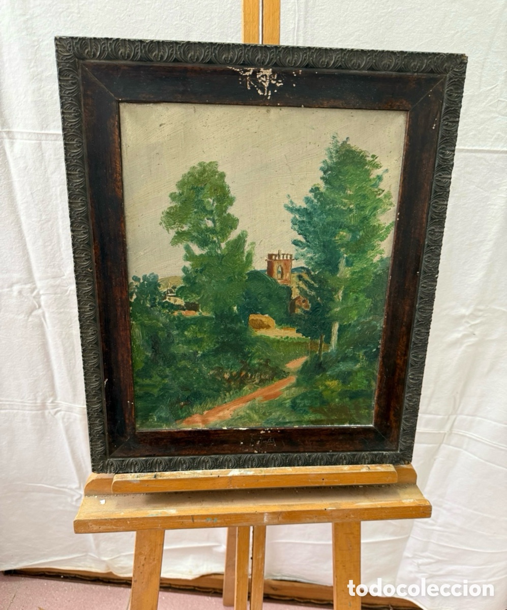 Arte: Paisaje rural con torre entre &aacute;rboles. &Oacute;leo sobre lienzo. Marcado Bosch en el reverso