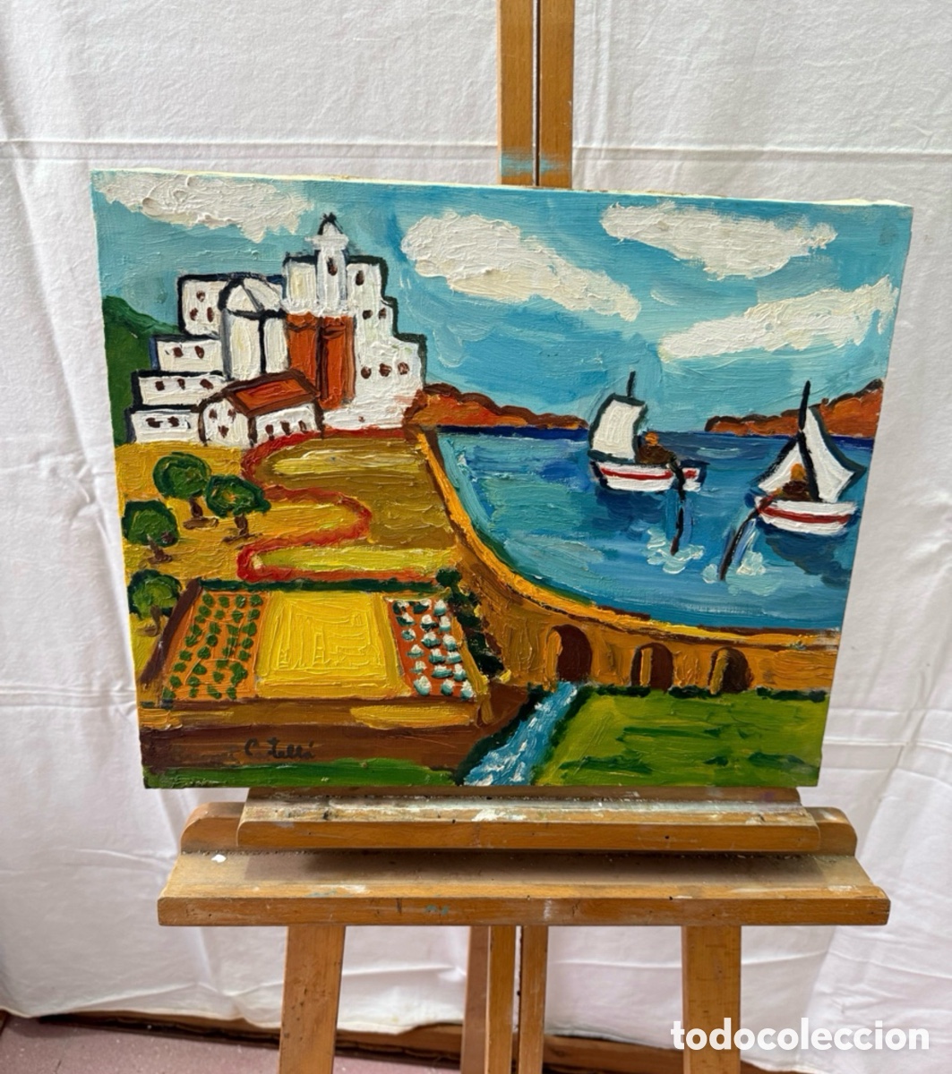 Arte: Paisaje mediterr&aacute;neo con puerto y pueblo. &Oacute;leo sobre lienzo firmado Brunet Castell&aacute;