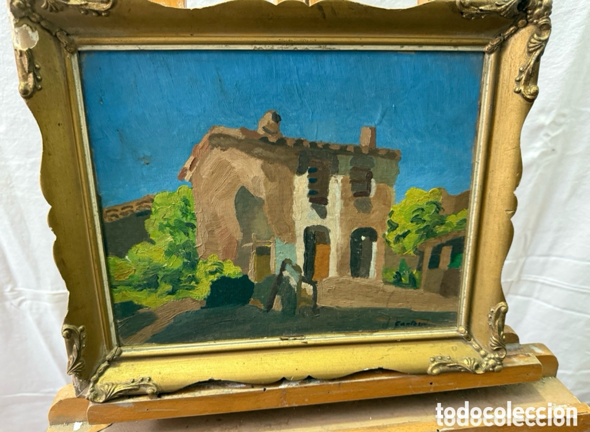 Art: &Oacute;leo paisaje con casa rural firmado Carlos. Escuela espa&ntilde;ola siglo XX
