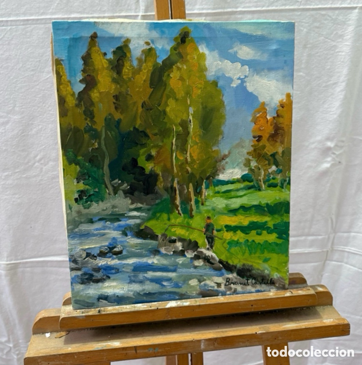 Arte: &Oacute;leo paisaje con r&iacute;o y pescador. Pintura paisajista siglo XX firmada Brunet Castells,