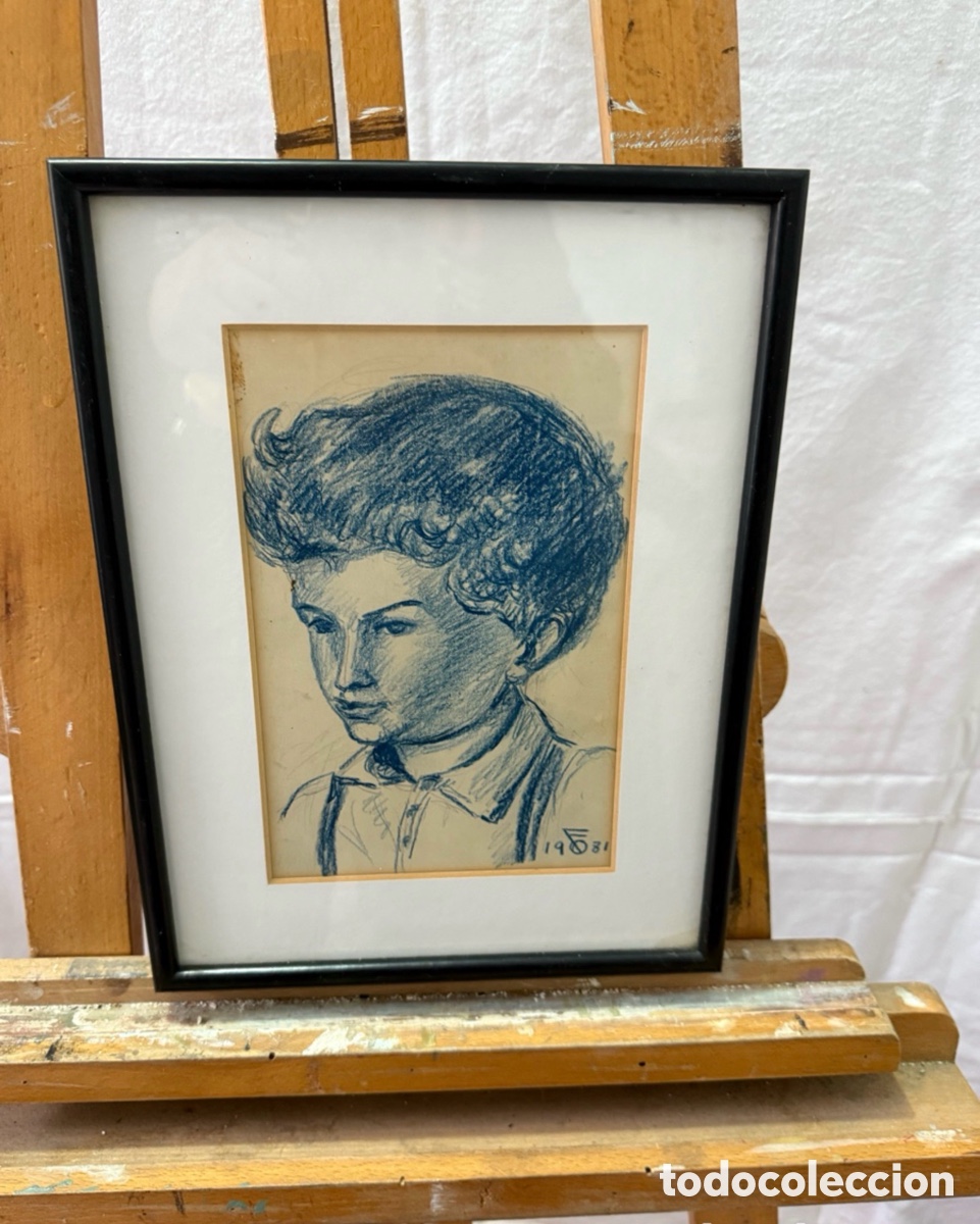 Arte: Retrato de ni&ntilde;o. Dibujo a l&aacute;piz azul firmado y fechado 1981