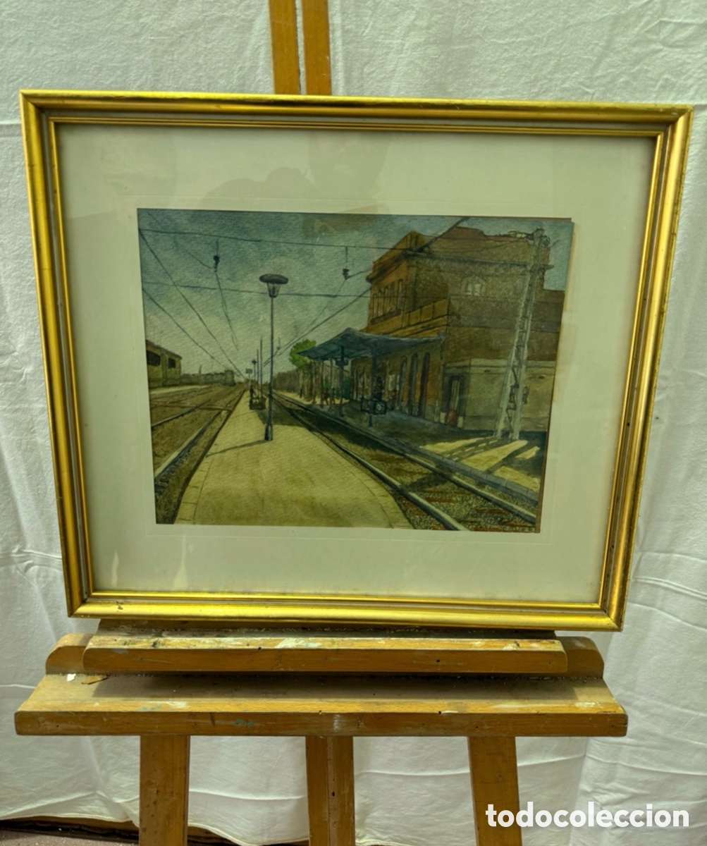 Kunst: Acuarela estaci&oacute;n de tren antigua firmada. Paisaje ferroviario siglo XX