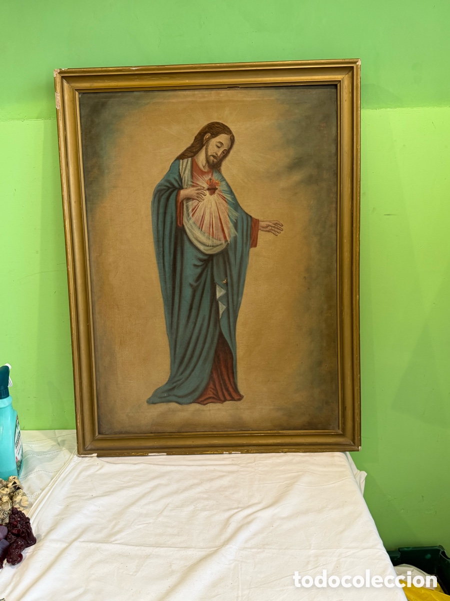 Arte: Antiguo &oacute;leo Sagrado Coraz&oacute;n de Jes&uacute;s gran formato 100 x 76 cm enmarcado principios siglo XX