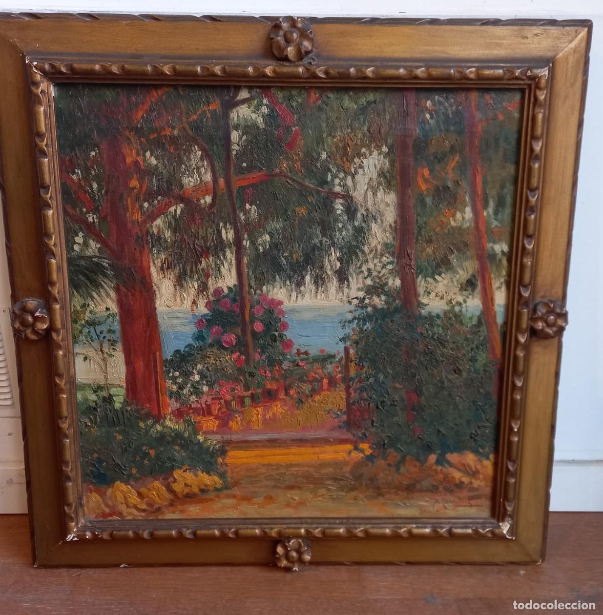 Arte: Oleo sobre lienzo- Jardin mediterraneo con vistas al mar -Alexandre Cardunets i Cazorla (1871&ndash;1944)
