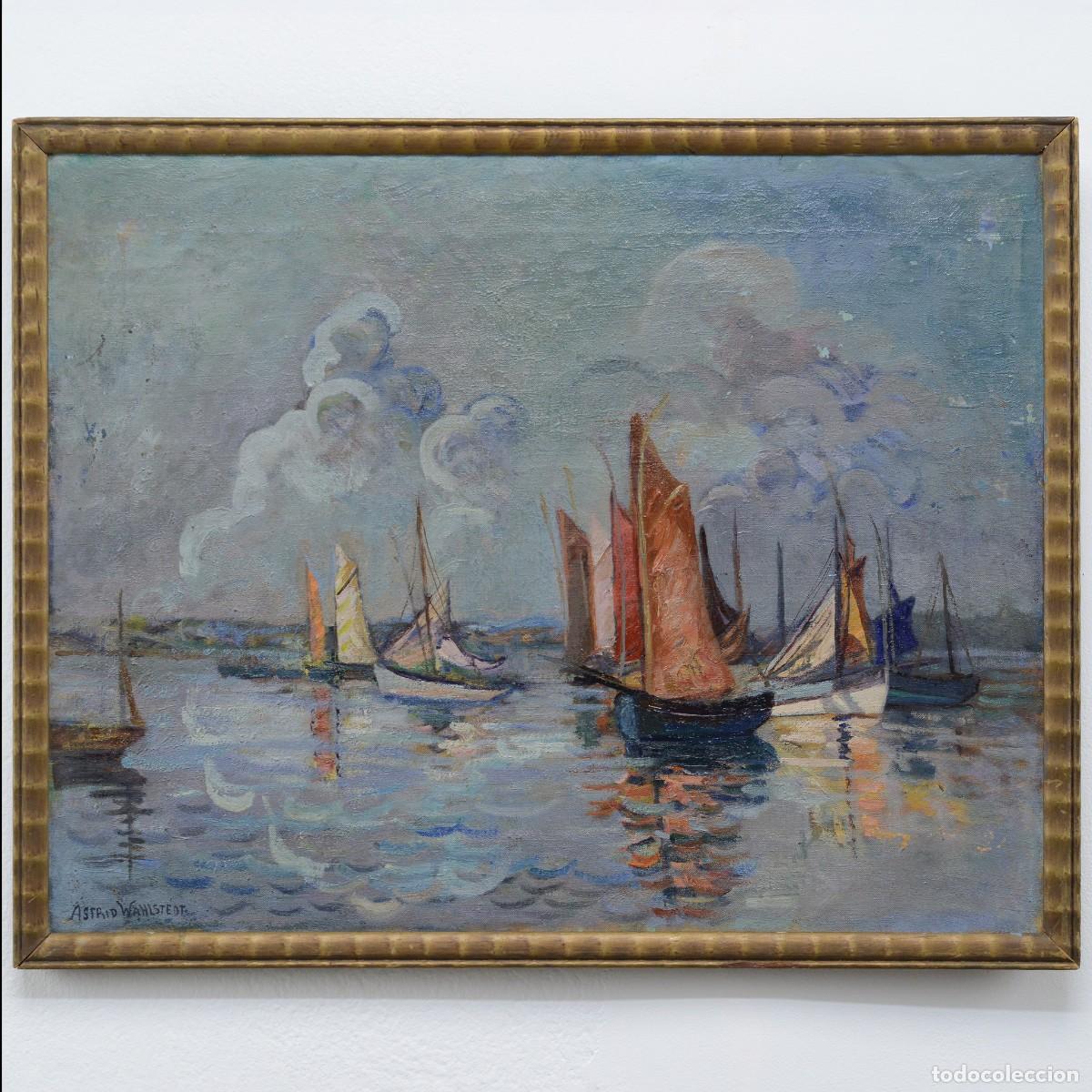 Arte: Early 20th C Antique Scandinavian Impressionist Seascape Oil Painting Sailboats