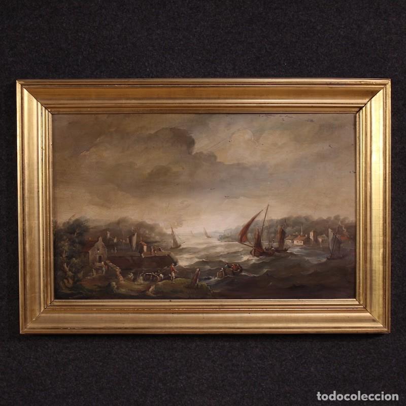 Arte: Pintura flamenca paisaje marino con barcos y personajes del siglo XX.