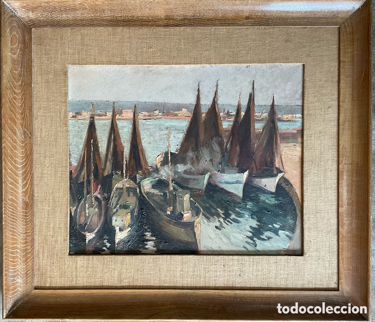 Arte: Darius Vil&aacute;s, Oleo marina barcos en el puerto, expresionista firmado.