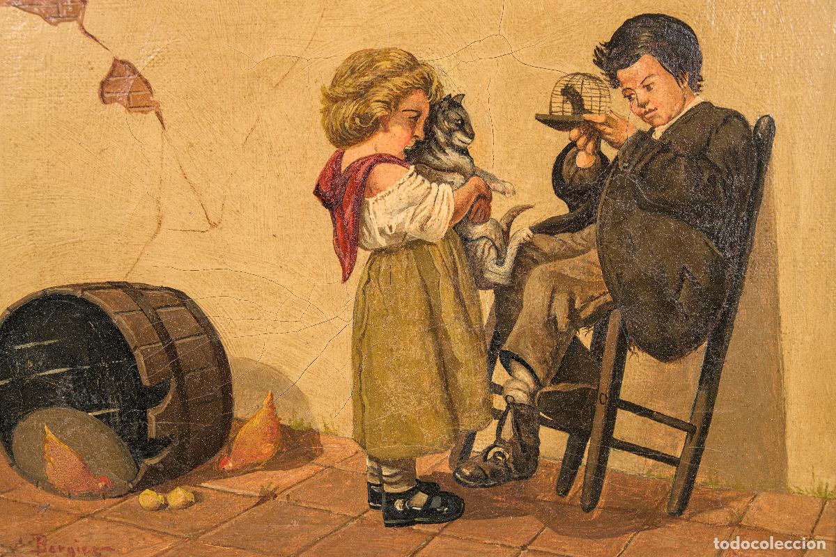 Arte: &Oacute;leo Original Bergier - Escena Costumbrista Infantil con Gato - Escuela Francesa (S. XIX-XX)