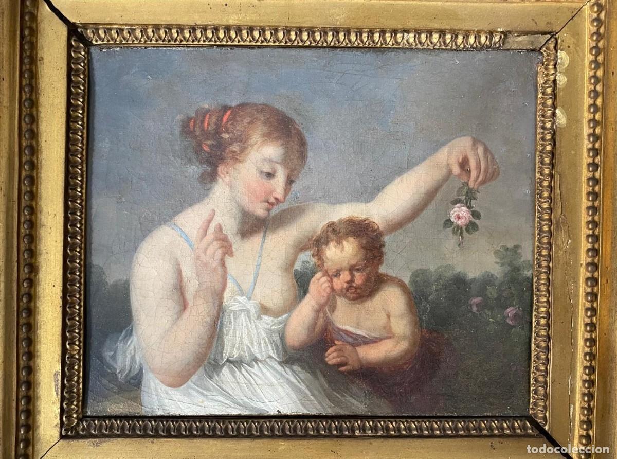 Arte: Figura femenina, ni&ntilde;o y flor, alegor&iacute;a de Venus y Cupido, pintura al &oacute;leo sobre tela, siglo XVIII.