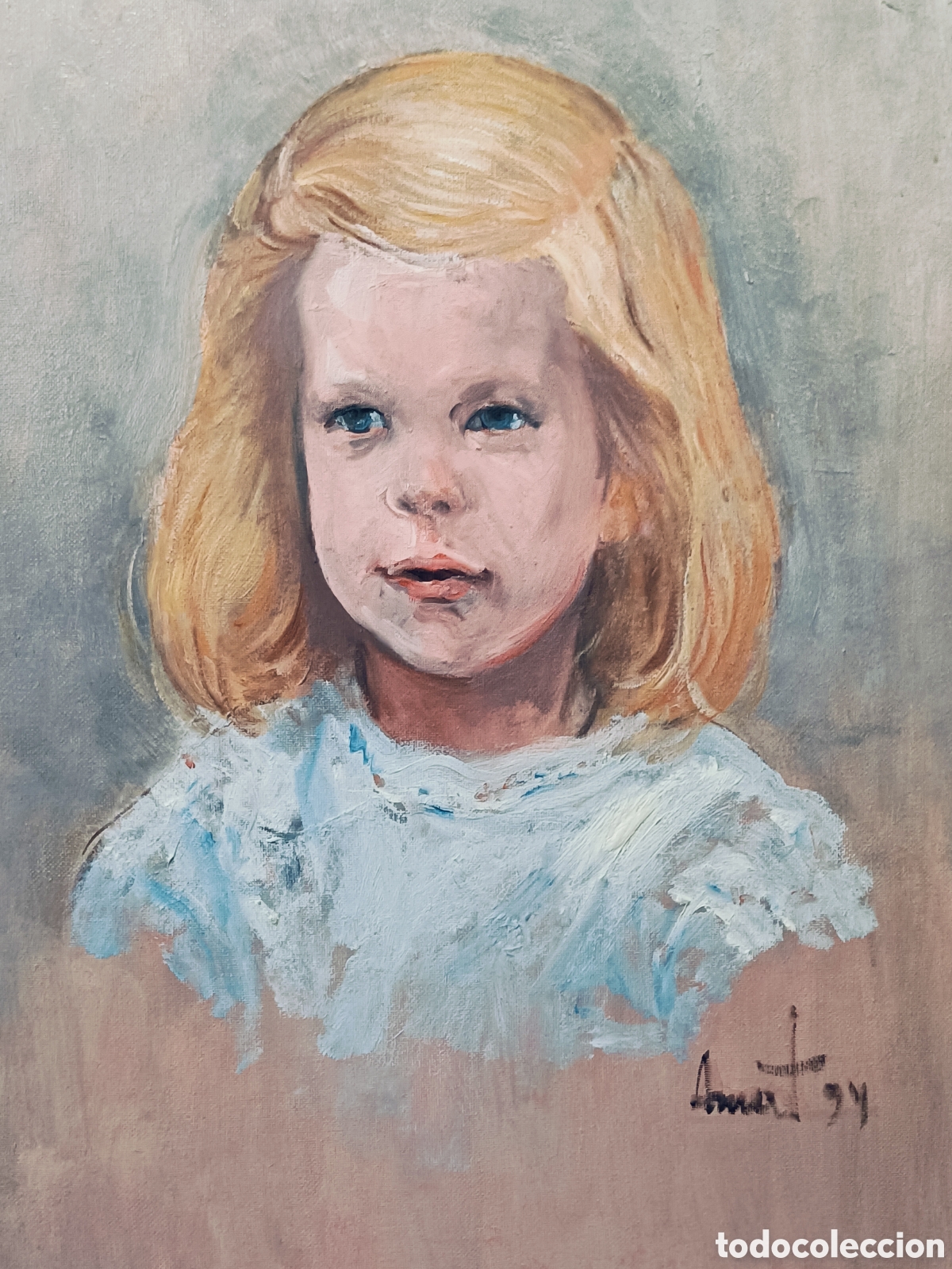 Arte: OLEO SOBRE LIENZO. RETRATO NI&Ntilde;A. FIRMADO AMAT Y FECHADO EN 1994