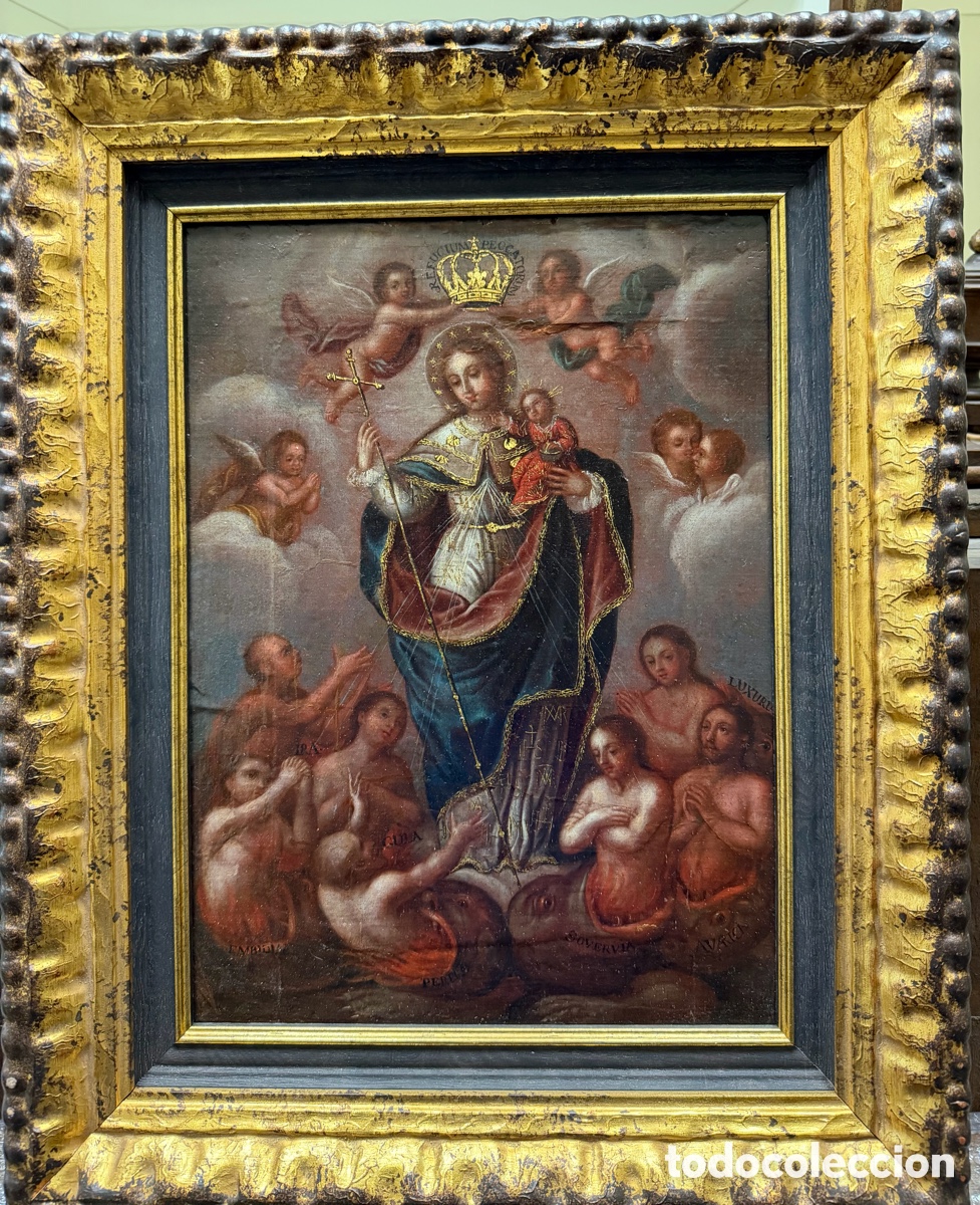 Arte: Virgen y los 7 pecados capitales. Obra de museo. M&eacute;jico siglo XVII. Barroco colonial. Novohispano.