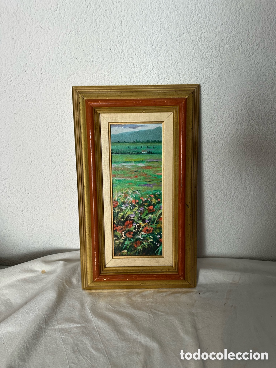 Arte: &Oacute;leo sobre tabla paisaje floral campestre antiguo con marco original de &eacute;poca