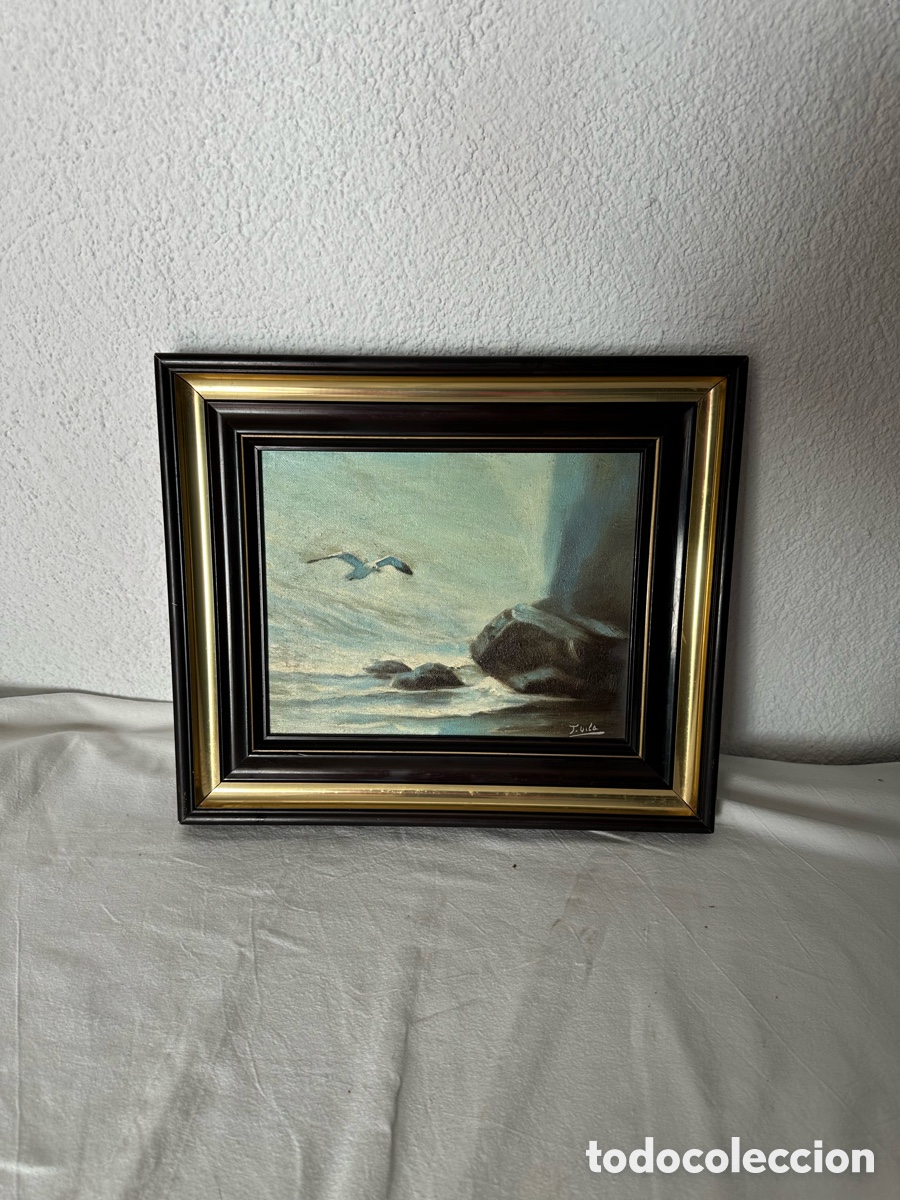 Arte: &Oacute;leo sobre lienzo paisaje marino con gaviotas firmado con marco de calidad