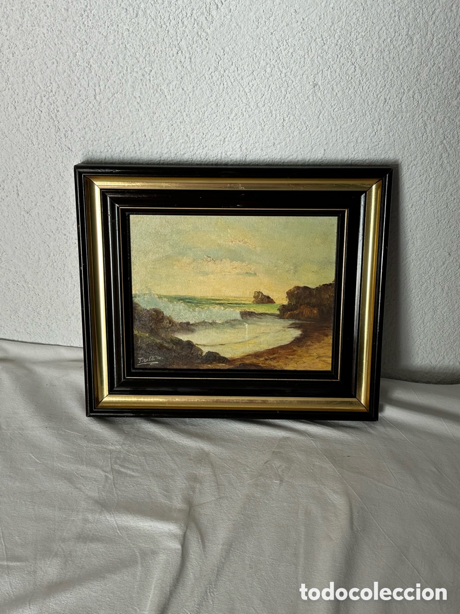 Arte: &Oacute;leo sobre tabla paisaje marino con rompiente firmado con marco cl&aacute;sico
