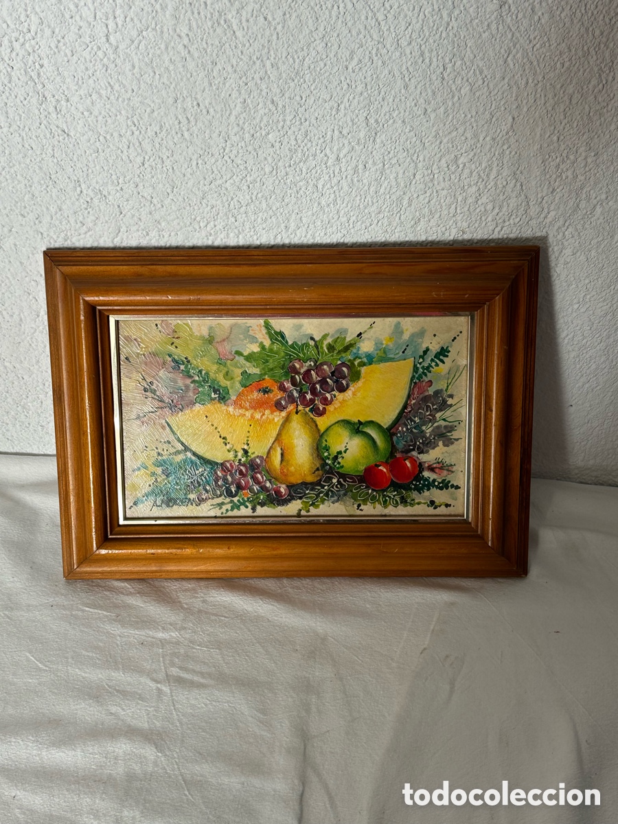 Arte: &Oacute;leo sobre tabla bodeg&oacute;n de frutas cl&aacute;sico firmado con marco de madera