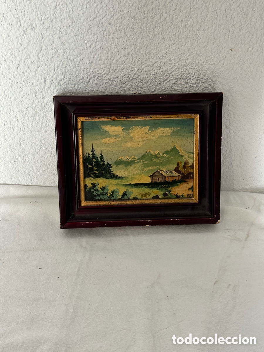 Arte: &Oacute;leo sobre tabla paisaje de monta&ntilde;a con caba&ntilde;a antiguo con marco original