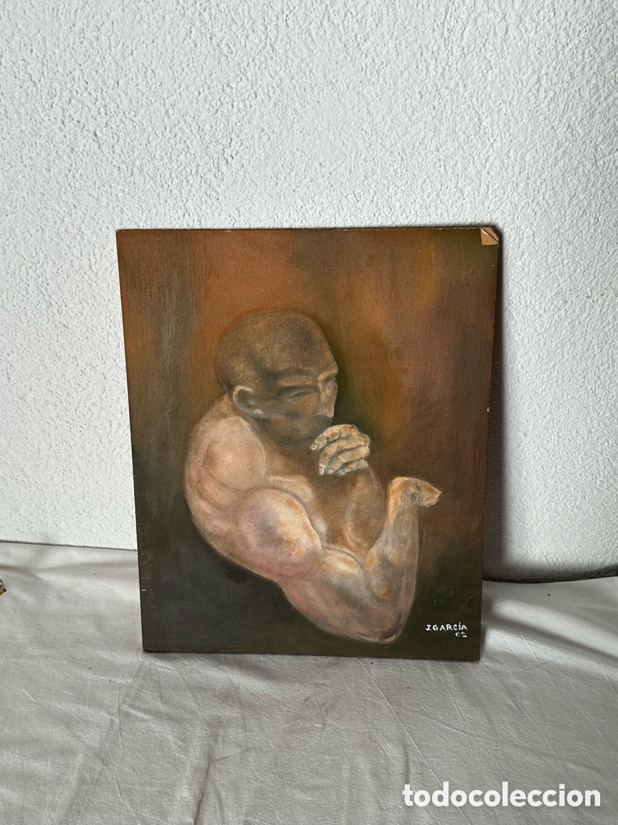 Arte: &Oacute;leo sobre tabla figura masculina estudio anat&oacute;mico firmado J. Garc&iacute;a