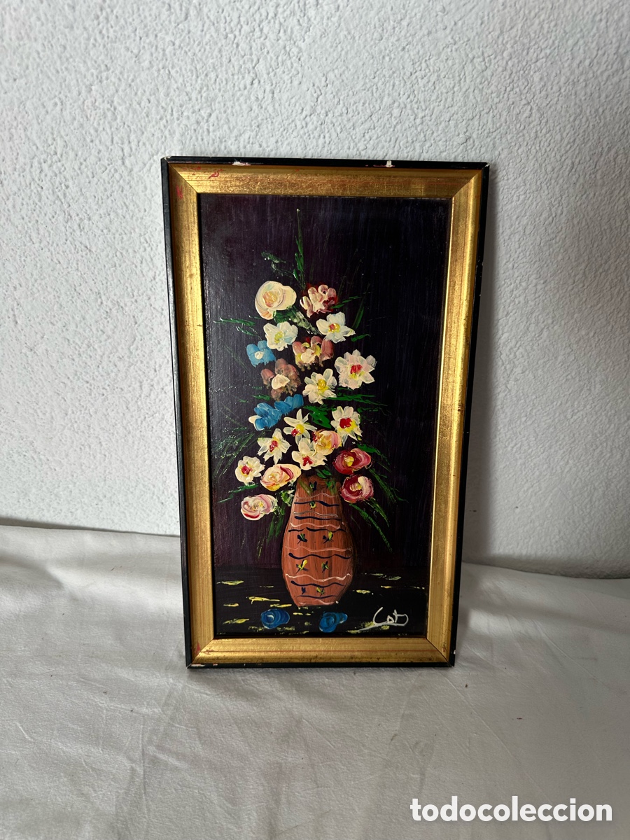 Arte: &Oacute;leo sobre tabla bodeg&oacute;n floral en jarr&oacute;n firmado con marco dorado