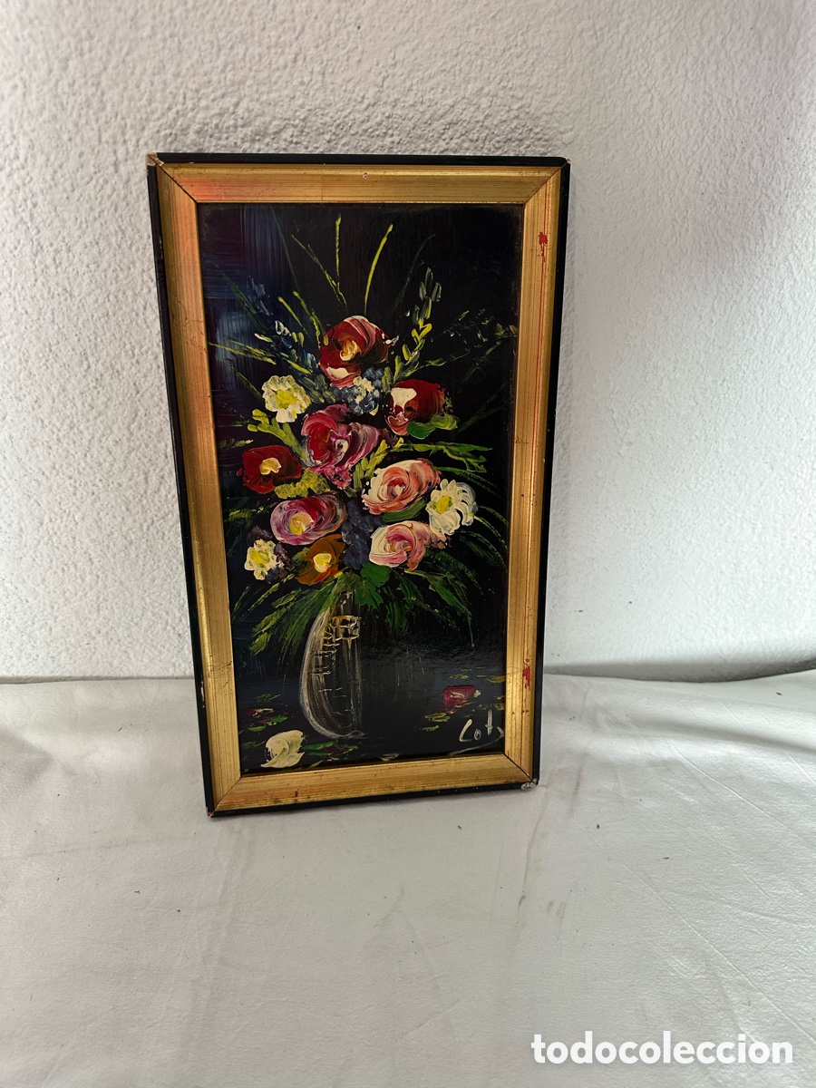 Arte: &Oacute;leo sobre tabla bodeg&oacute;n floral en jarr&oacute;n firmado con marco dorado cl&aacute;sico