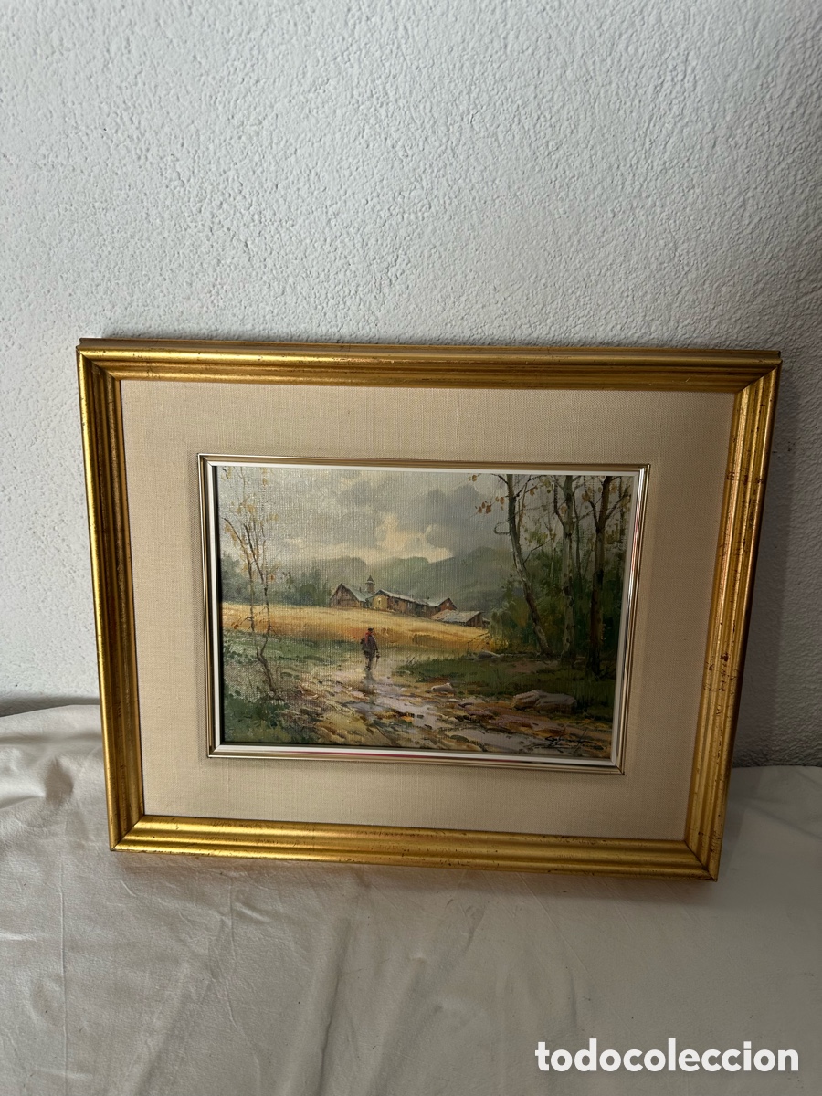 Arte: &Oacute;leo sobre lienzo paisaje rural con figura y casas marco dorado cl&aacute;sico