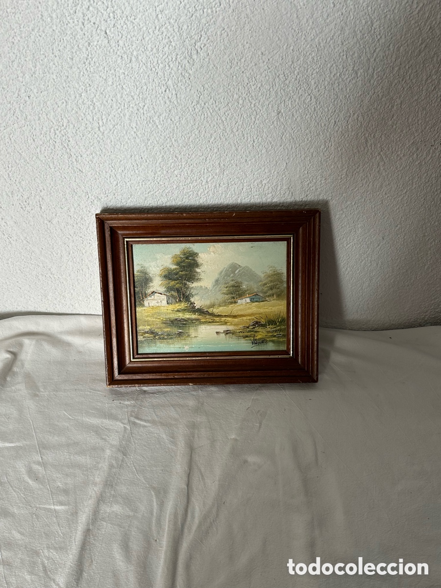 Arte: &Oacute;leo sobre lienzo paisaje rural con r&iacute;o y casas firmado con marco de madera