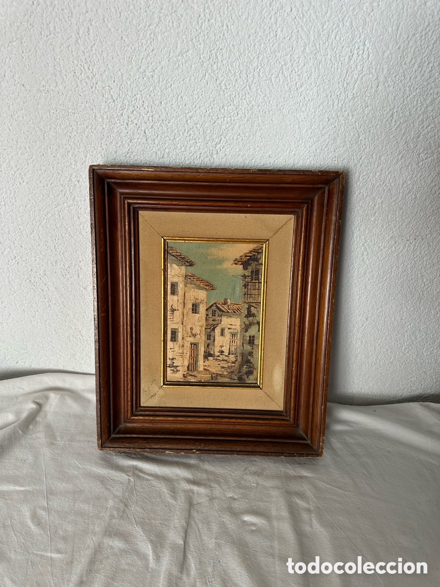 Arte: &Oacute;leo sobre lienzo escena urbana antigua con paspart&uacute; y marco de madera