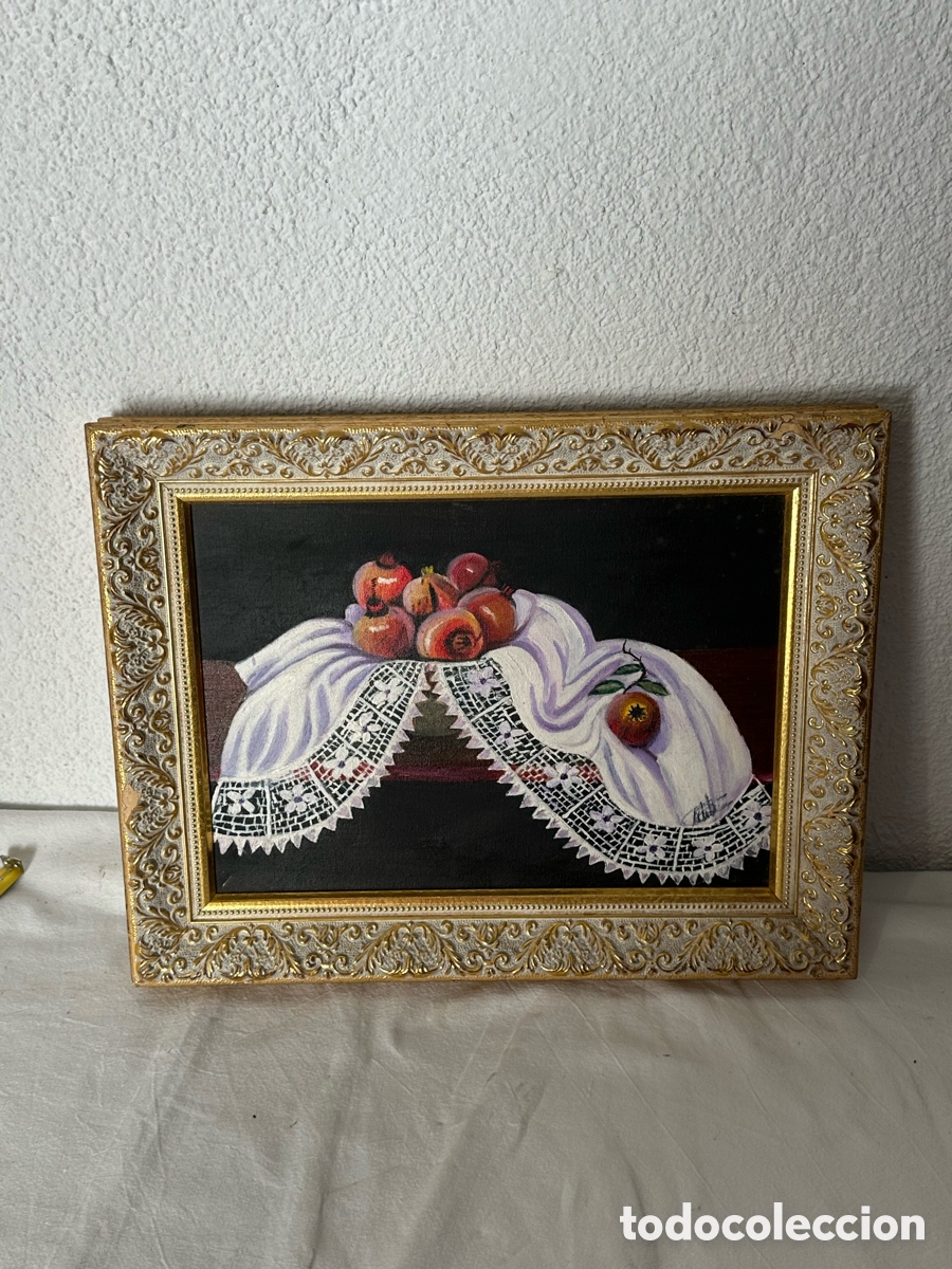 Arte: &Oacute;leo sobre lienzo bodeg&oacute;n de granadas con mantel bordado firmado marco dorado ornamentado