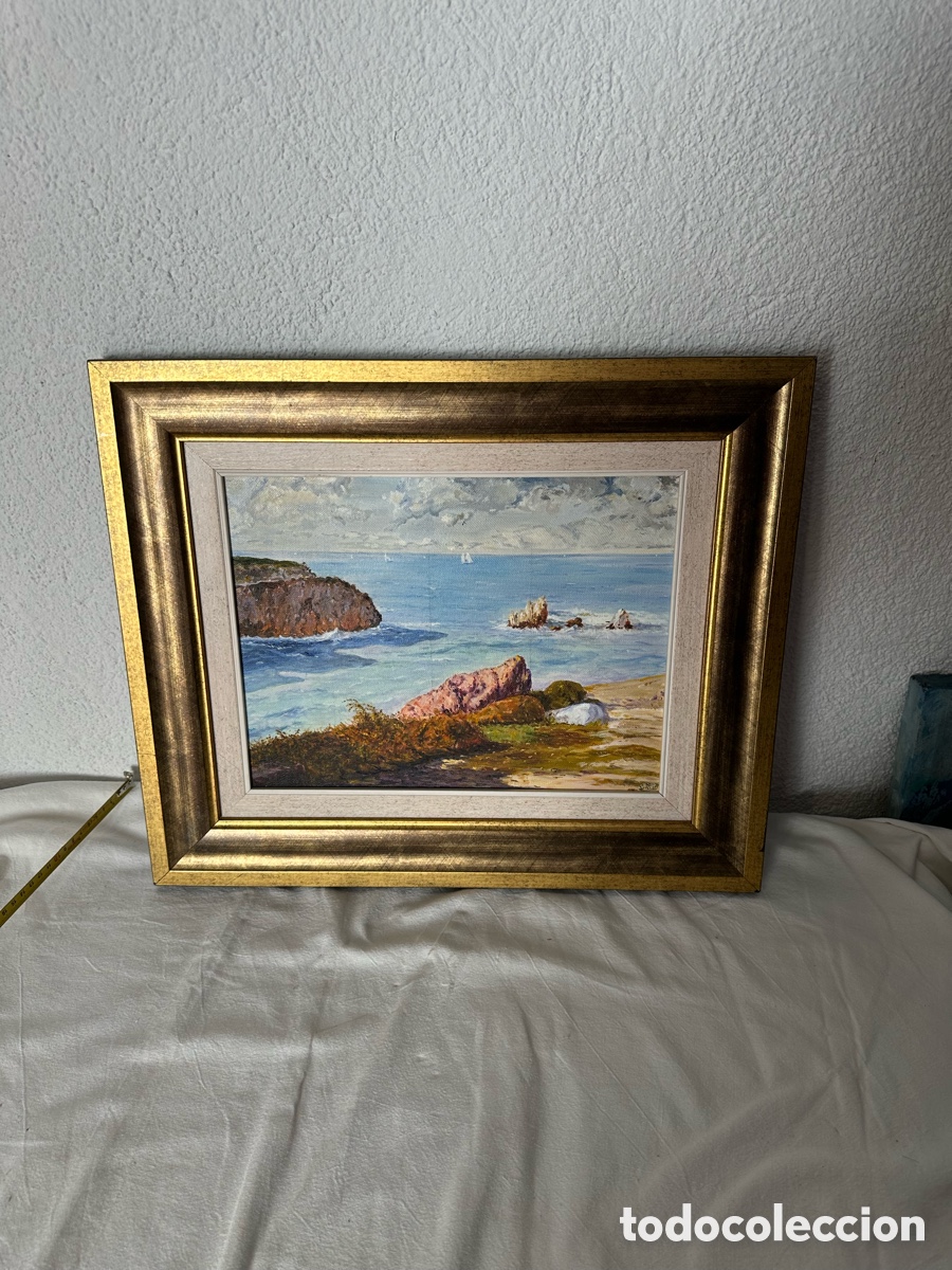 Arte: &Oacute;leo sobre lienzo escena de playa mujer con sombrero firmado marco dorado