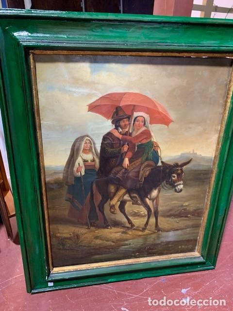 Arte: oleo antiguo siglo XIX firmado 1871 pareja en burro