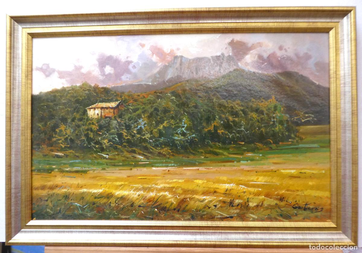 Arte: Oleo firmado Contreras, mide 61X38 cm. y 69X47 cm con marco, Paisaje rural con una mas&iacute;a
