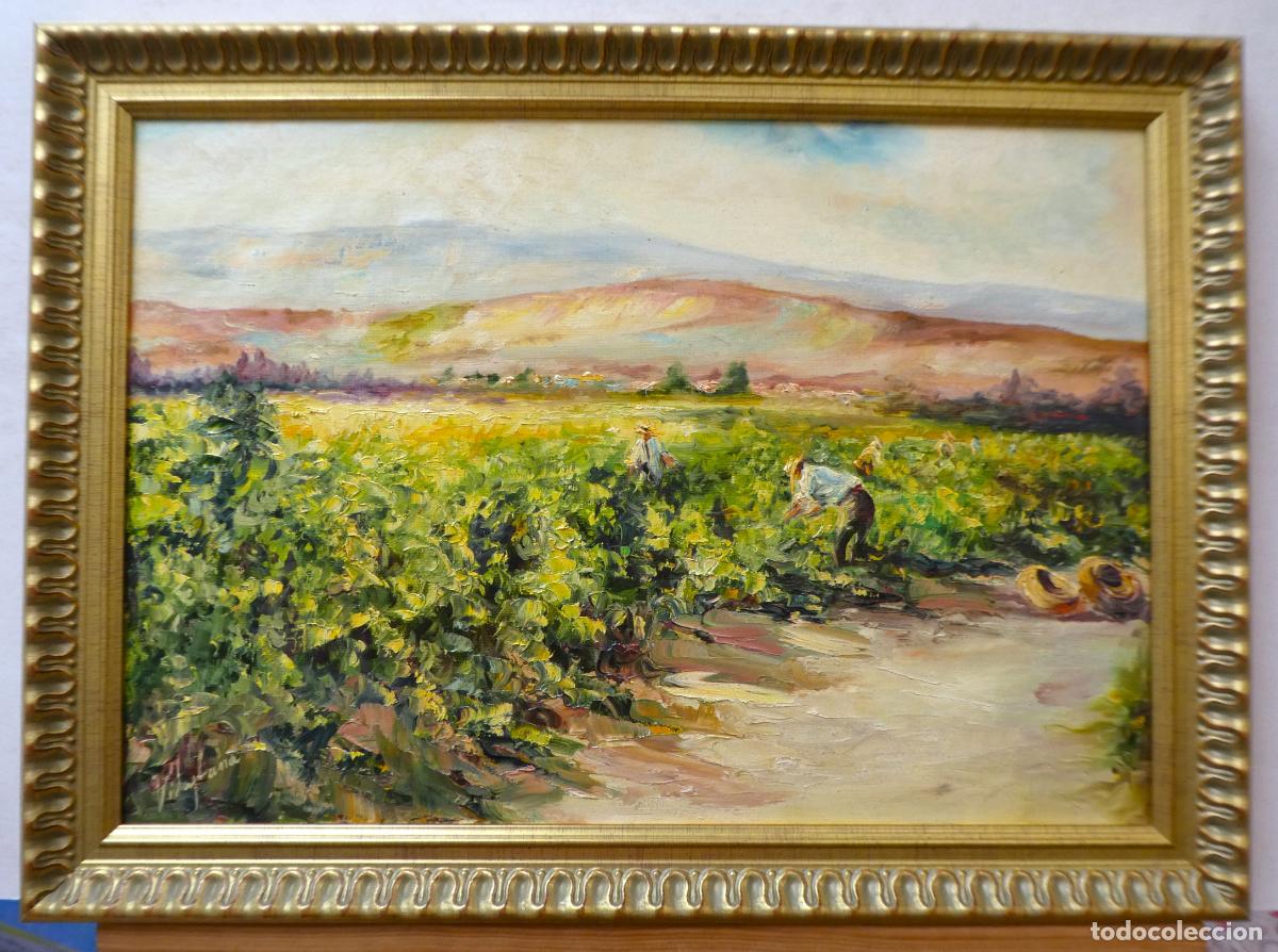 Arte: Oleo firmado vilaplana, mide 55X38 cm. y 63X46 cm con marco, campo agr&iacute;cola con vi&ntilde;edos