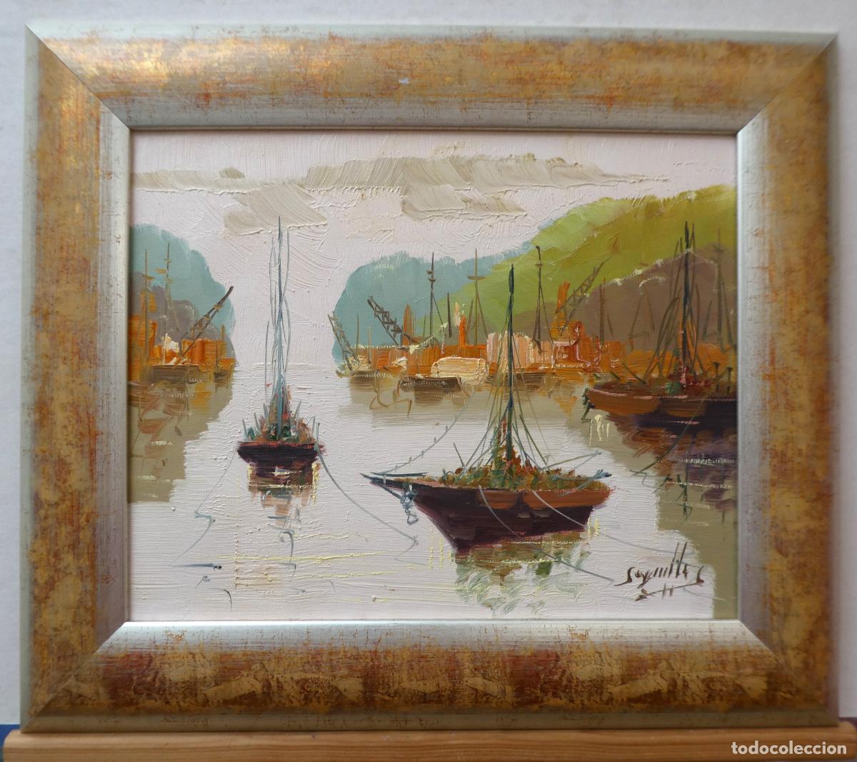 Arte: Oleo firmado Segrelles, mide 41X33 cm. y 55X48 cm con marco, escena costumbrista de puerto