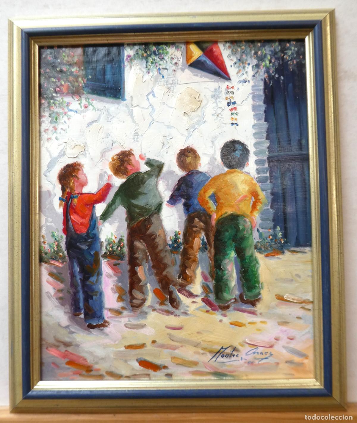 Arte: Oleo firmado Montse Araez, mide 41X33 cm. y 48X40 cm con marco, escena costumbrista infantil