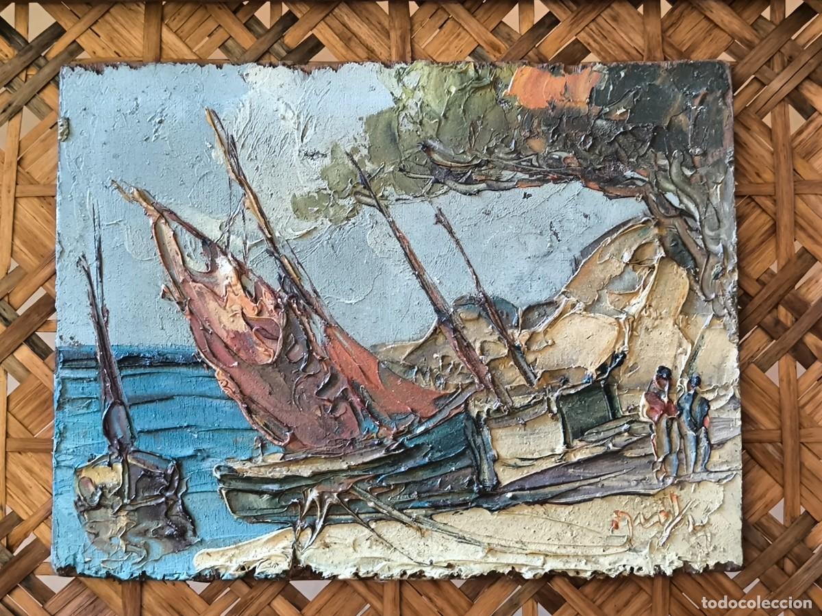 Arte: Oleo pintado sobre tabla o tablilla. Marina con barcas y pescadores