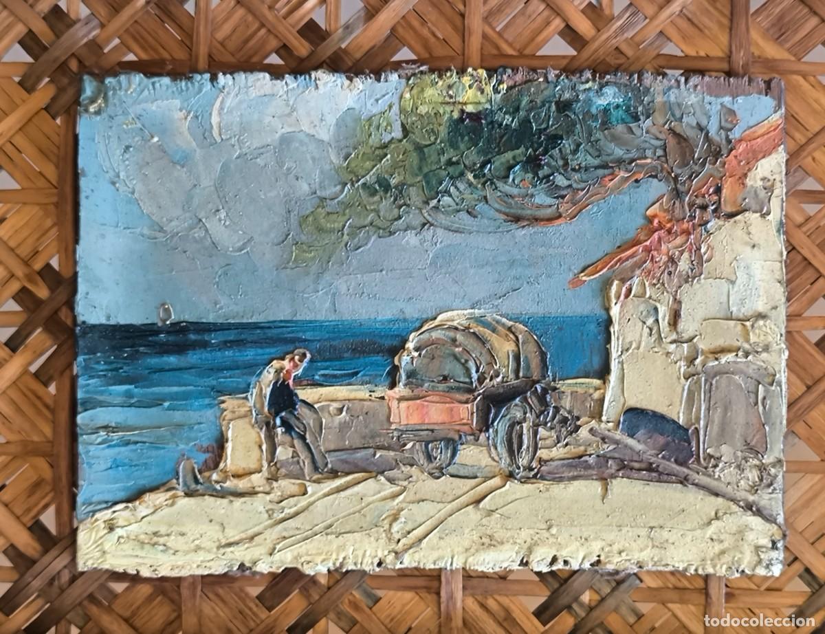 Arte: Oleo pintado sobre tabla o tablilla. Marina, hombre junto a su carro.
