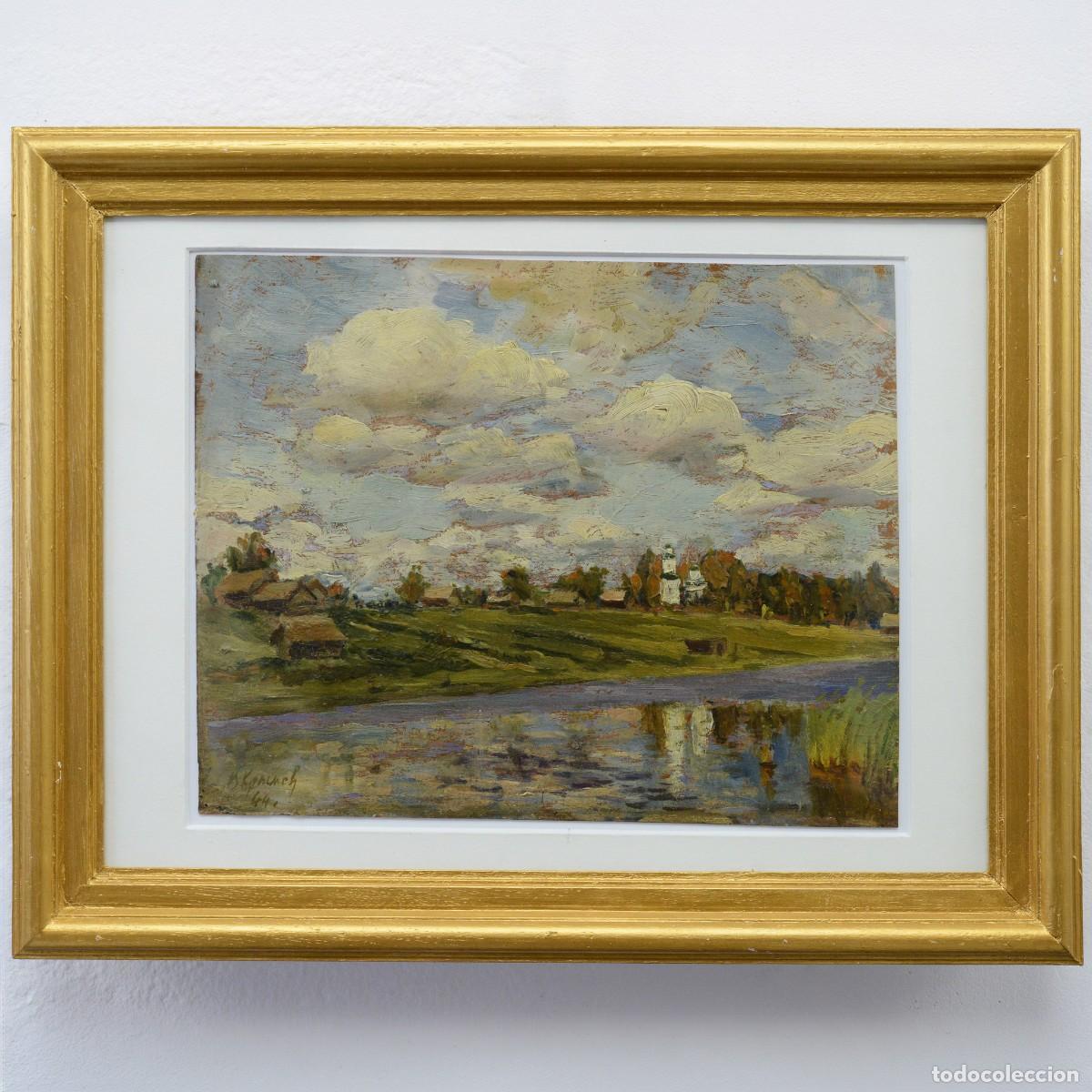 Arte: 1944 Russian Classical Summer Landscape Oil Study Riverside Church Signed Framed