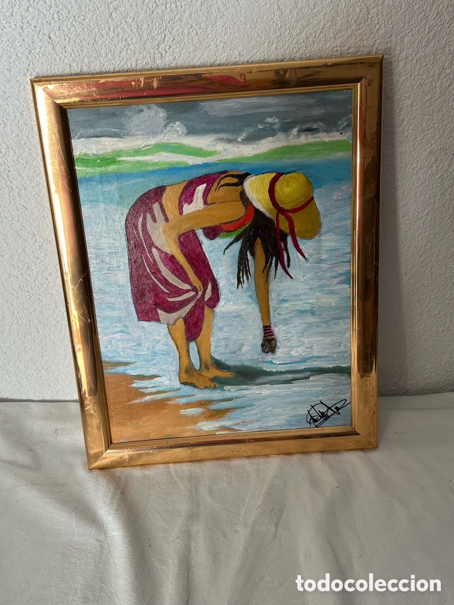 Arte: &Oacute;leo sobre lienzo escena de playa mujer con sombrero firmado marco dorado