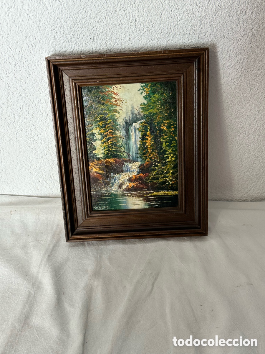 Arte: &Oacute;leo sobre lienzo paisaje con cascada y r&iacute;o firmado con marco de madera