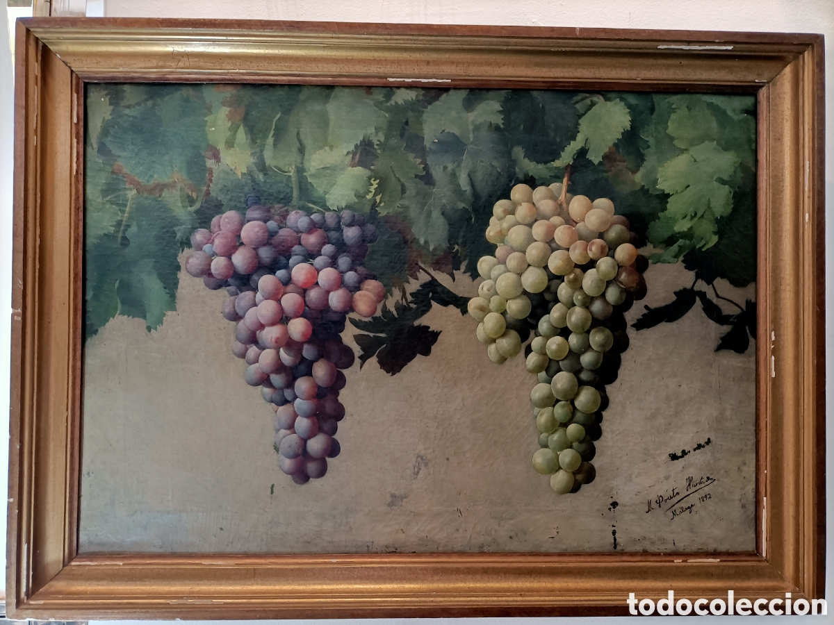 Arte: Oleo sobre lienzo de uvas del pintor M. Prieto Hurtado.