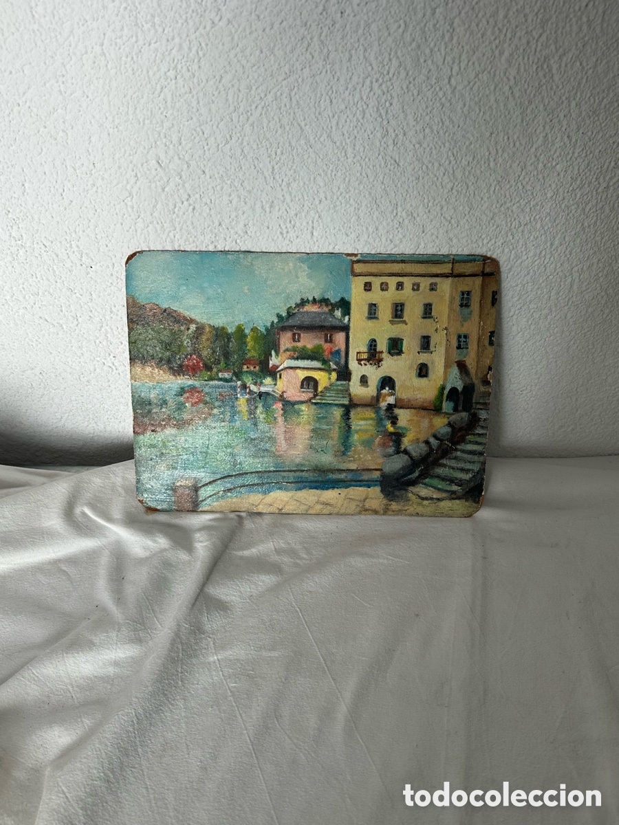 Arte: Antiguo &oacute;leo sobre tabla paisaje lacustre arquitectura europea escena costumbrista