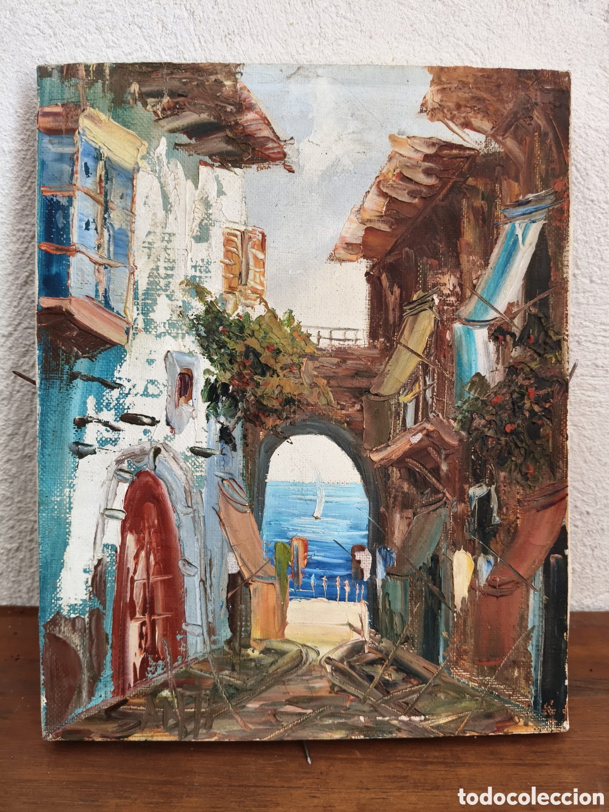 Arte: Antiguo oleo mediterr&aacute;neo firmado por el artista