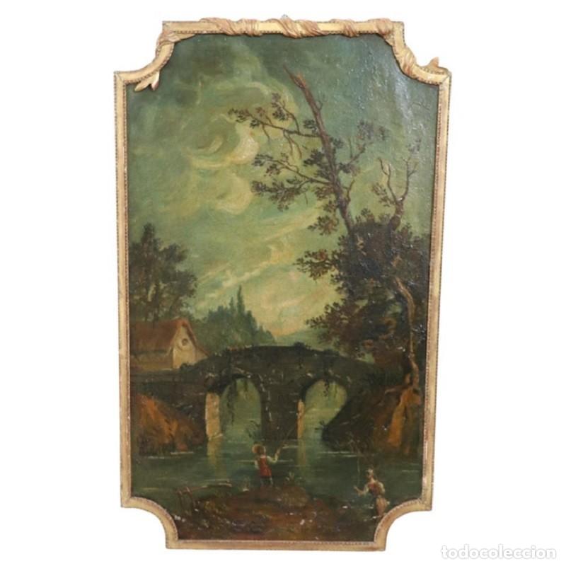 Arte: Paisaje fluvial, &oacute;leo sobre lienzo, Italia, siglo XIX.