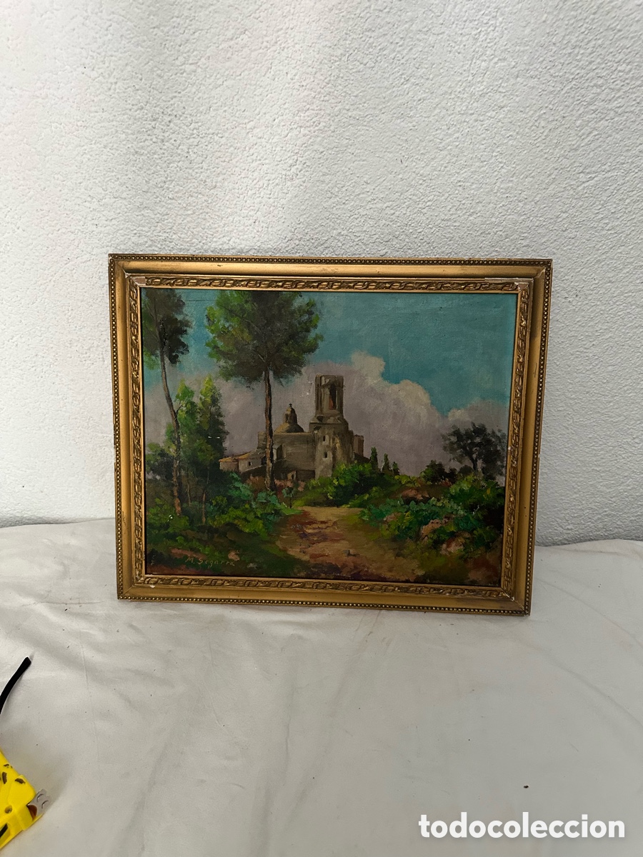 Arte: &Oacute;leo sobre lienzo firmado M Segarra paisaje iglesia enmarcado