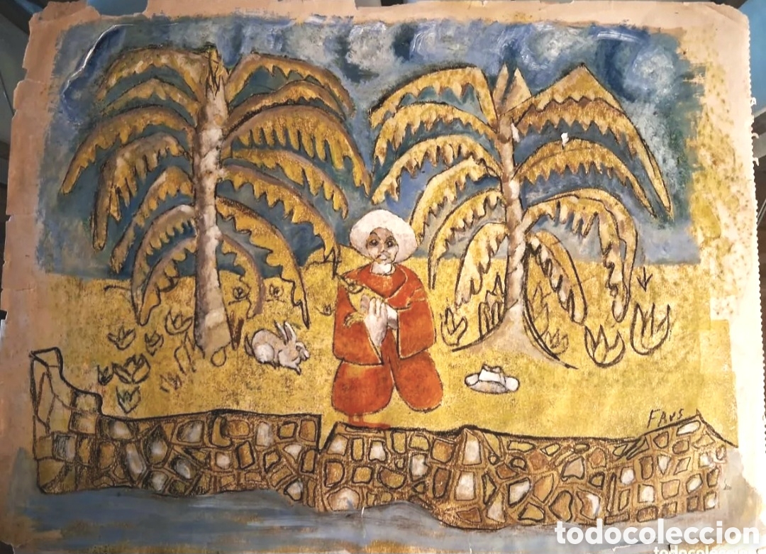 Arte: SALVADOR SANZ FAUS (VILLAMARCHANTE,VALENCIA 1918-1997) &rdquo;FIGURA Y PALMERAS&rdquo; (45.5 x 60.5) A&Ntilde;OS 70