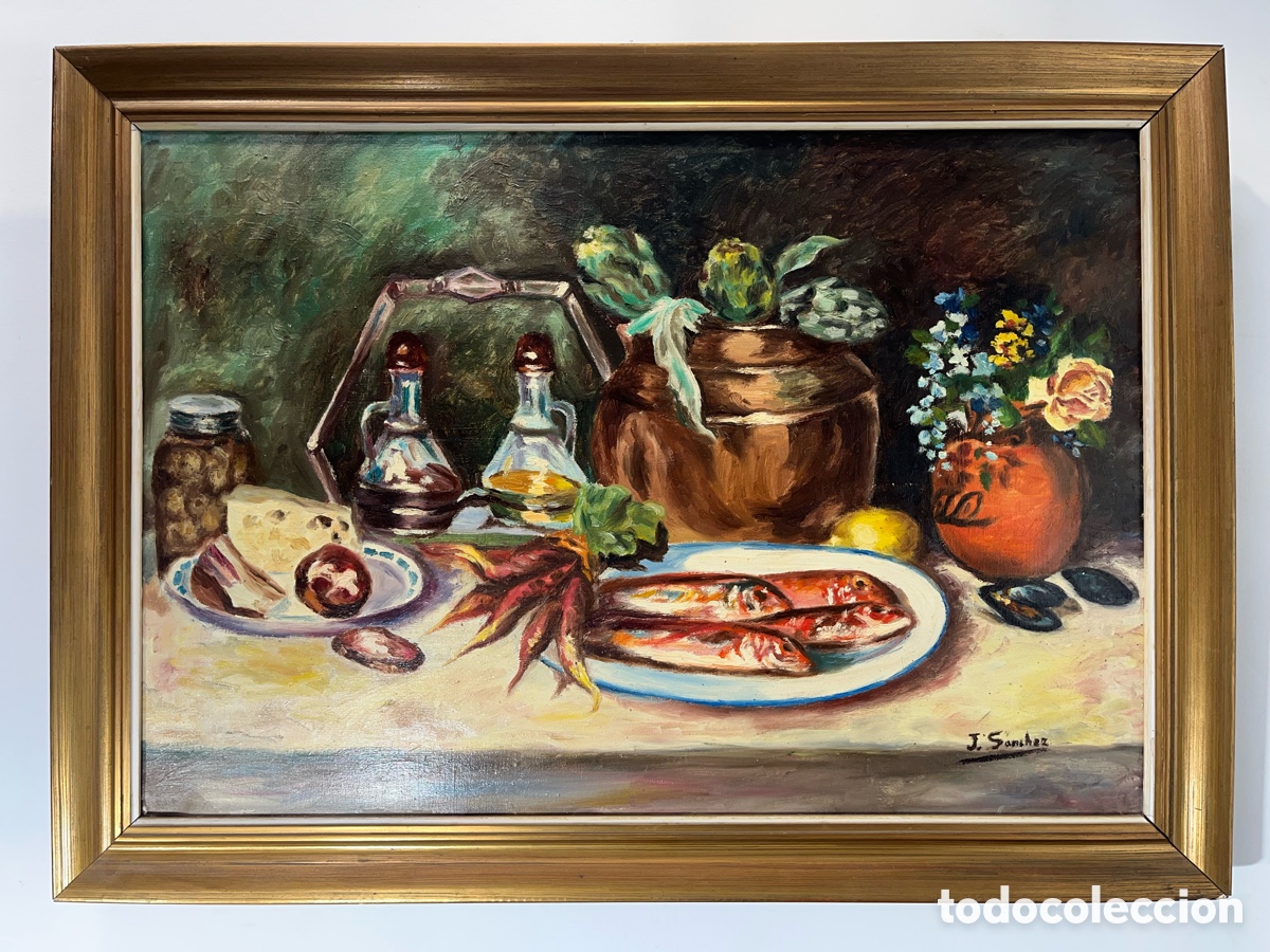 Arte: Bodeg&oacute;n de cocina tradicional al &oacute;leo de J. S&aacute;nchez