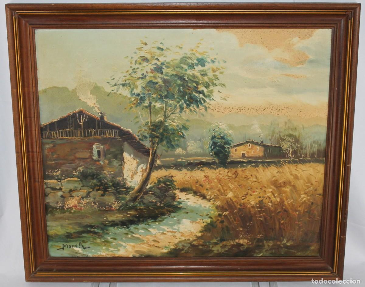 Arte: &Oacute;leo sobre lienzo. Paisaje rural con casa y campo de trigo. Firmado Morella