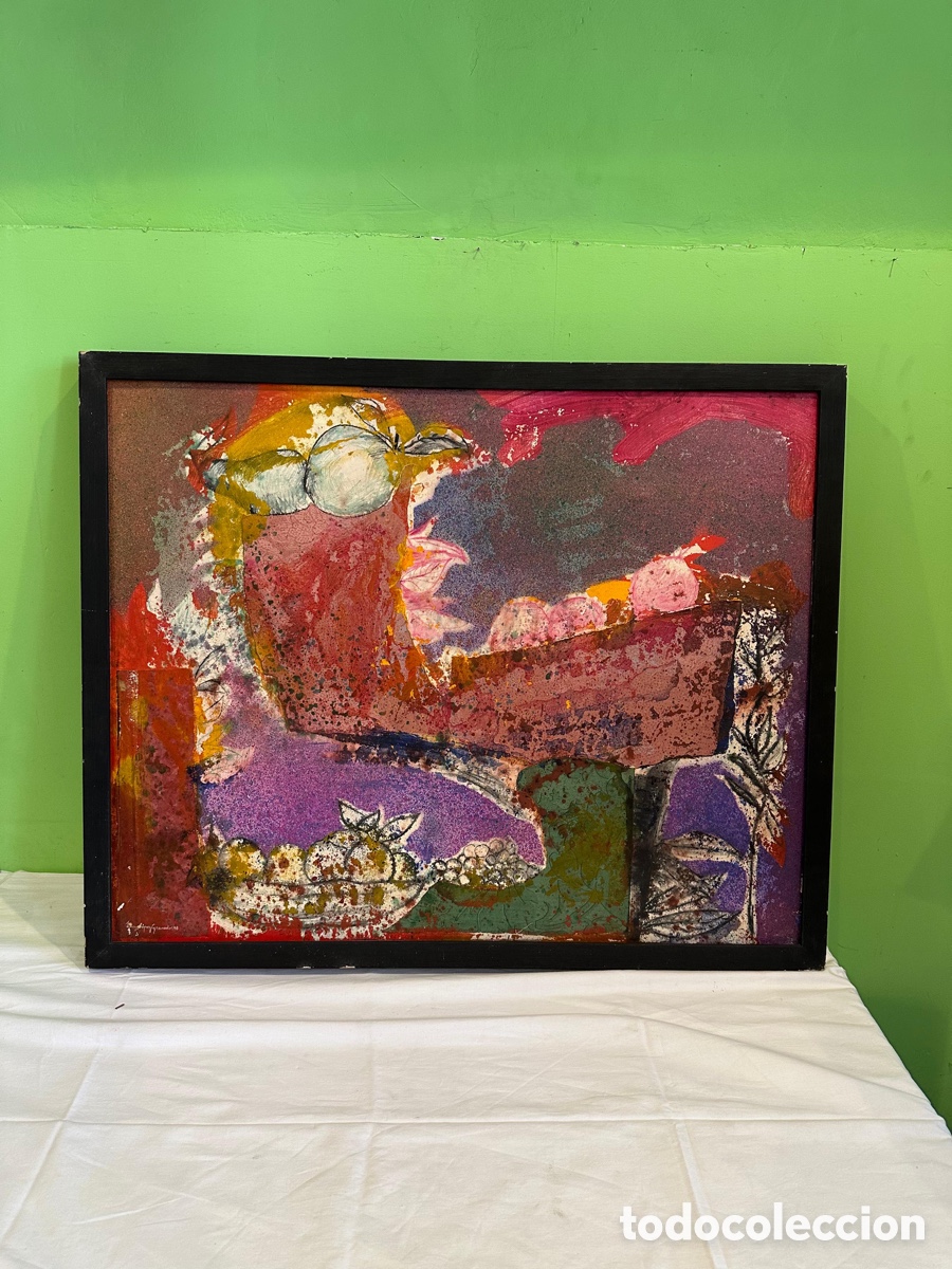 Arte: Diego L&oacute;pez Granados Mesa con frutas t&eacute;cnica mixta &oacute;leo y collage sobre lienzo 81 x 65 cm