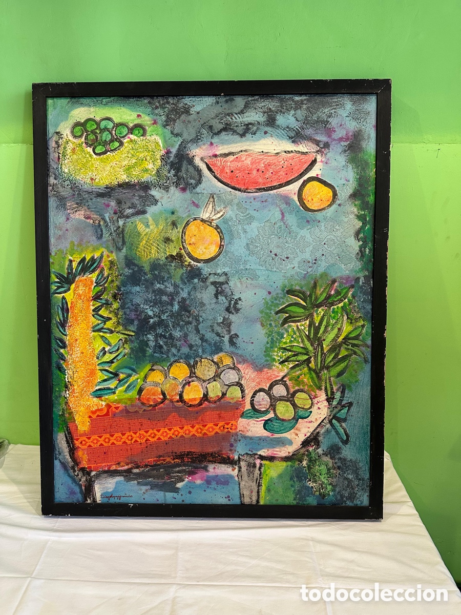 Arte: Diego L&oacute;pez Granados Jard&iacute;n con frutas t&eacute;cnica mixta sobre lienzo 92 x 73 cm firmado