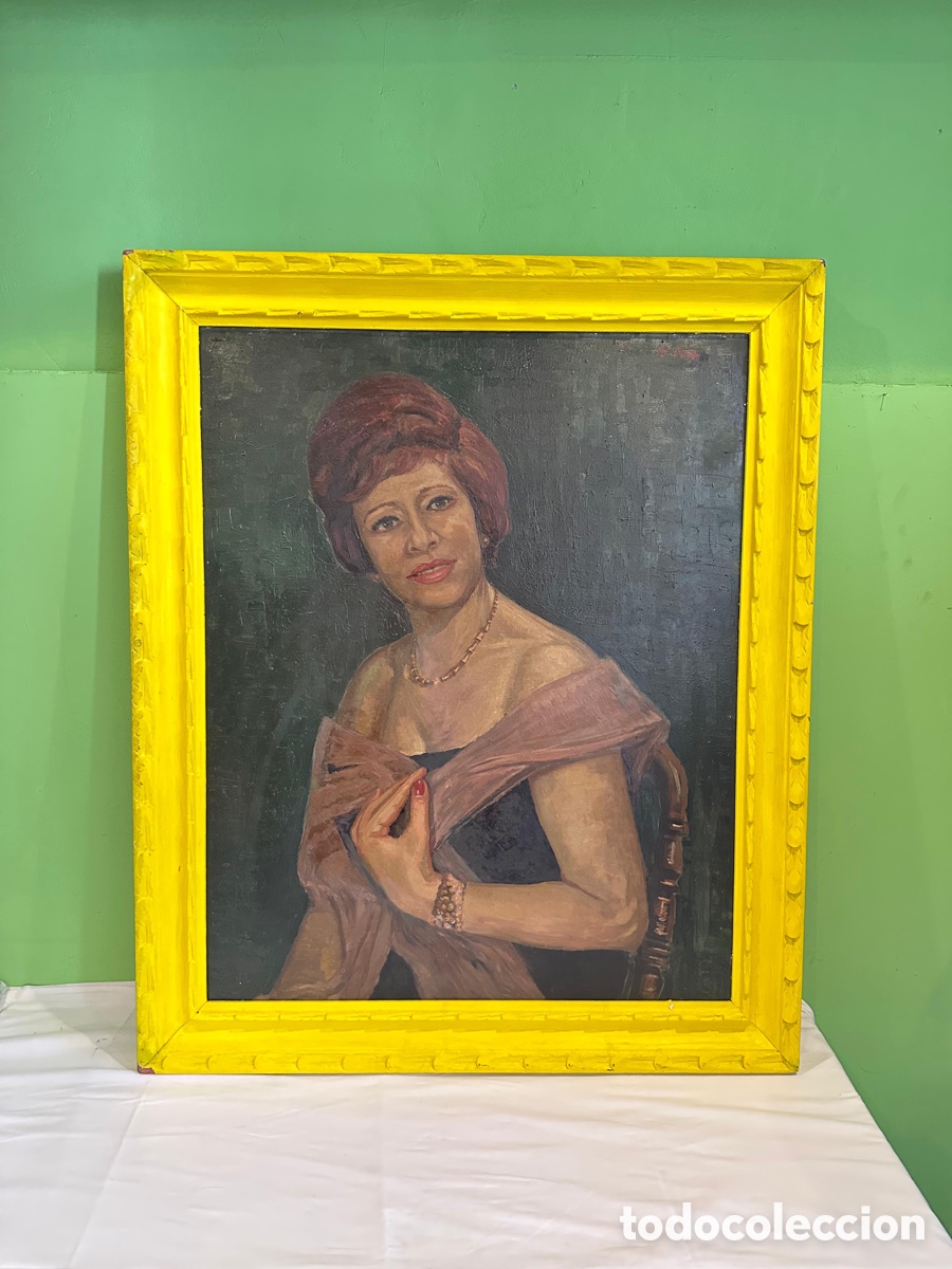 Arte: D. Roig retrato femenino &oacute;leo sobre tablex firmado enmarcado gran formato