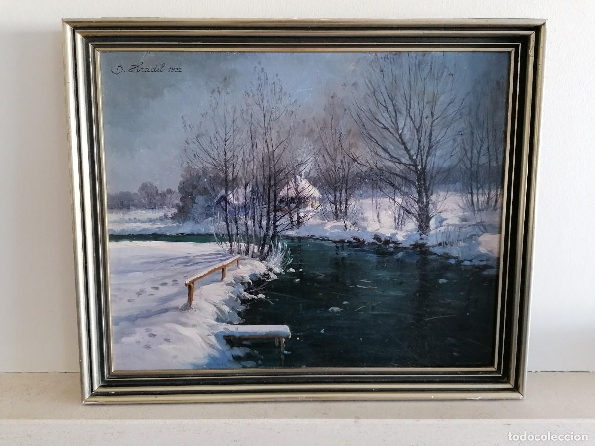 Arte: Bela Hradil artista sueco-h&uacute;ngara (1885-1968) pintura al &oacute;leo paisaje de invierno